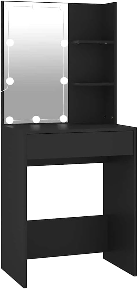 Front view of the vidaXL Modern Vanity Dressing Table with LED Lights in black engineered wood. It features a large mirror with circular LED bulbs on the left side, a single drawer below the mirror, and two open shelves on the right side of the mirror.