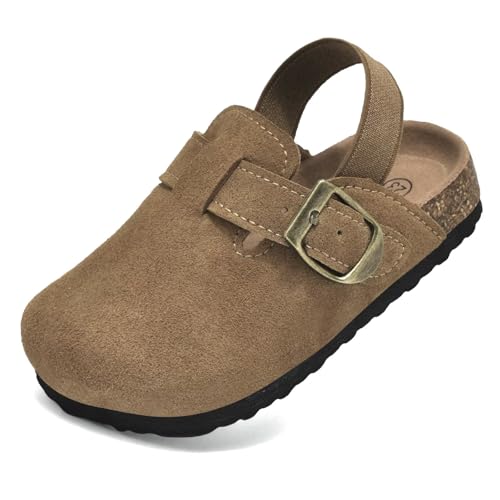 Image of Kids Suede Clogs Boys Girls Mules Cork Genuine Leather Sandals with Adjustable Buckle Slippers Potato Shoe Indoor Outdoor Slip On Slide for Big Kids