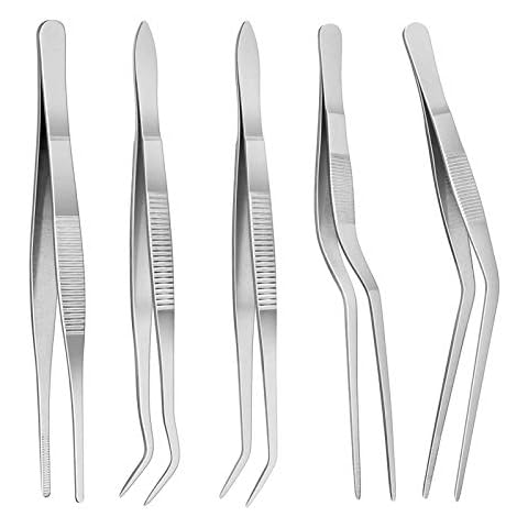 5pc Cooking Tweezers Precision Kitchen Plating Tweezer Stainless Steel Curved Tongs for Baking Decorating Beauty Cover