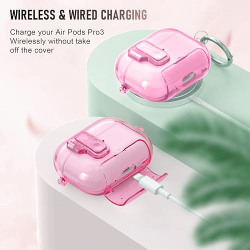 Image of for AirPods Pro 3 Case (2025) with Cleaner Kit, Cute with Lock Clid and Cleaner Kit,[Auto Pop-Up] Soft TPU Clear Cover with Bracket & Dustproof Design for AirPods Pro Case with Keyring(2025)-Pink