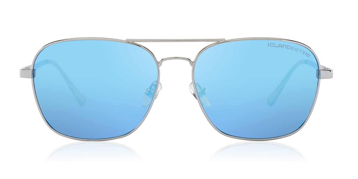 CLANDESTINE - Sonnenbrille B-Pilot 18 Silver Ice Blue - Blaue HD Nylon Gläser und Edelstahlrahmen - Sonnenbrille für Männer und Damen - Mit Smart Vision Technology - Bessere Sicht, Geringere Blendung