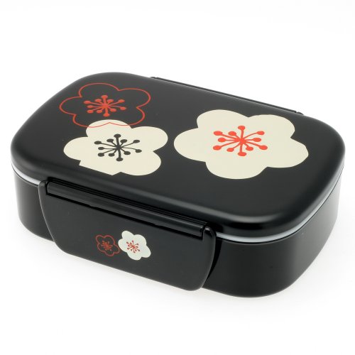 Kotobuki 2-Tiered Bento Box, Black with Flower Blossoms and Snap Lid
