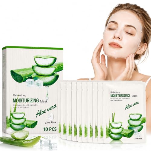 Image of Aloe Vera Sheet Mask 10 Pack, Hydrating Face Mask for Women & Men, Moisturising Facial Mask with Aloe Vera Extract, Soothing Skin Care Sheet Masks for Dry & Sensitive Skin, Daily Skincare Gift Set