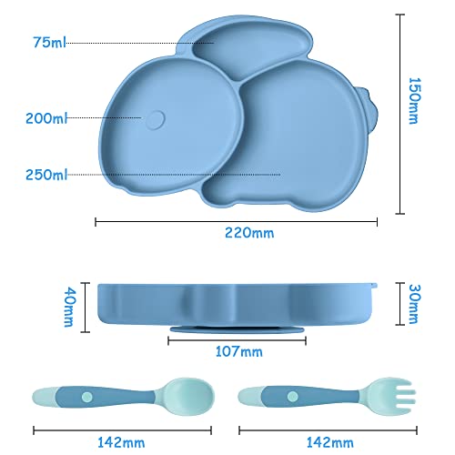 Vicloon Silicone Suction Divided Weaning Plate, Non Slip Baby Toddler Plate for Kids High Chairs and Tables (Blue) - Image 2