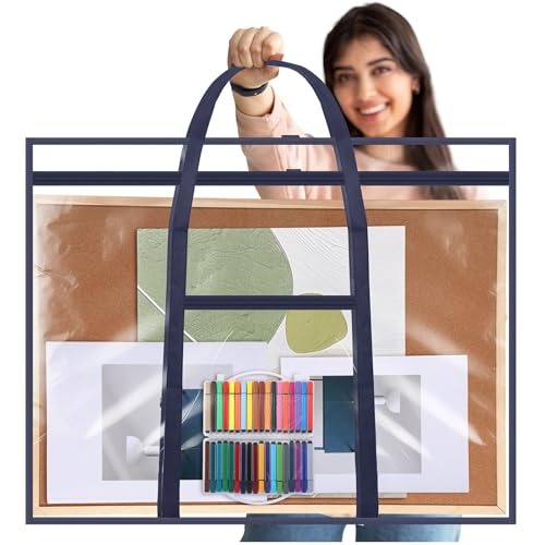Image of Huhumy Large Art Portfolio Case 48 inch x 36 inch Poster Storage Bag Bulletin Board Holder Container PVC Folder with Zipper Handles Pocket for Teachers Artist Artwork Organization (Blue,Clear)