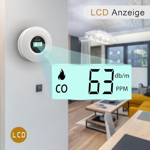 Kohlenmonoxid-Rauchwarnmelder, Kohlenmonoxid-Rauchwarnmelder mit Sprachalarm, 10 Jahre Batterielebensdauer, Zertifiziert nach den Normen EN14604 & EN50291(inkl. Batterie) (Verlinkt 1pack)
