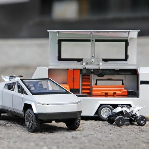 Image of 1:32 Scale Die-Cast Tesla CyberTruck with Pick-Up Trailer with 6 Openable Doors Pull Back Toy Car with Lights & MusicToy Car Gift for Kids (1:32 Cybertruck Trailer - Silver)