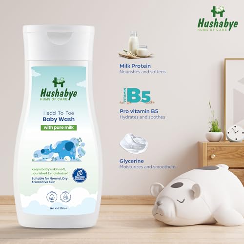 Image of Hushabye Moisturizing Baby Lotion (200ml), Head to Toe Wash (200ml) & Dusting Powder (100g) with Milk Protein | pH Balanced for All Skin Types | Newborn Care Gift Set, Combo Pack of 3