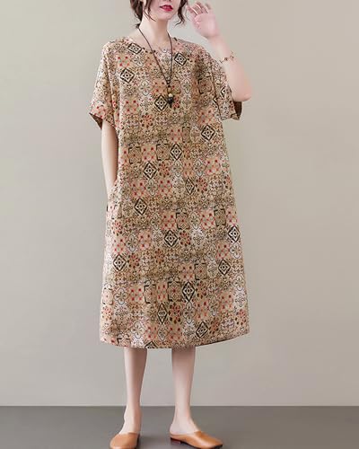Image of LUZU JUNU Women's Summer Baggy Plus Size Loose Cotton Linen Long Boho Beach Dress with Pockets