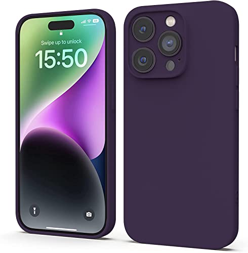 Image of Elzzi Microfiber Square Candy Case Compatible for iPhone 14 PRO, Shockproof Slim Back Cover Liquid Silicone Case (Deep Purple)