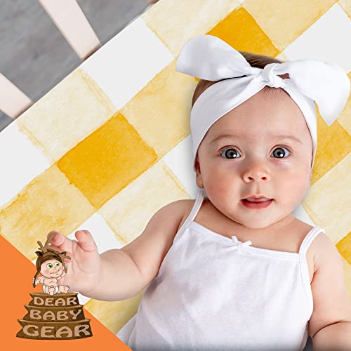 Image of Dear Baby Gear Deluxe Baby Crib Sheet - Cotton Polyester Infant Sheets - Soft Machine-Washable Crib Mattress Cover - Newborn Nursery Bedsheet - Watercolor Yellow Mustard Plaid Print, 52 inchx28 inchx10 inch