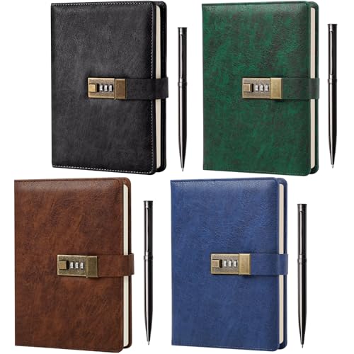 Watersay 4 Pack Diary with Lock with Pen A5 PU Leather Journal Vintage with Lock 240 Pages 8.6x5.8in Lock Journal Password Protected Notebook for Office Classroom Travel
