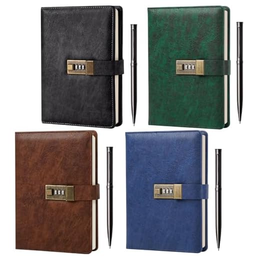 Watersay 4 Pack Diary with Lock with Pen A5 PU Leather Journal Vintage with Lock 240 Pages 8.6x5.8in Lock Journal Password Protected Notebook for Office Classroom Travel