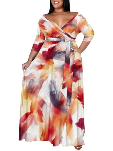 Image of SUZONANA Women's Plus Size Maxi Dresses Casual Loose Short Sleeve Long Maxi Dress with Belt Wedding