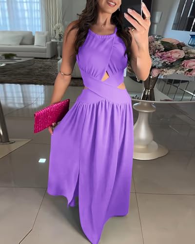 Image of CHICME Women's Sleeveless Halter Neck Dress Criss Cross Tie Back Split High Maxi Dress