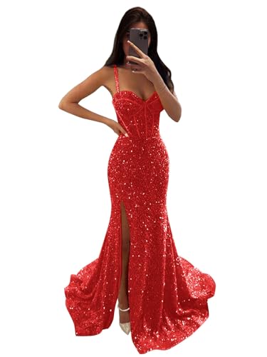 GUKARLEED Mermaid Sequin Prom Dresses High Slit Evening Gowns Formal Dress for Women V Neck Ball Gown Long Homecoming Dresses