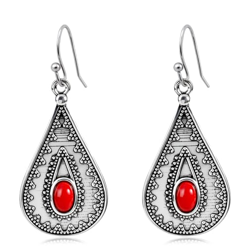Boho Drop Earrings with Red Stone – Silver Teardrop Earrings Featuring Oval Gemstone & Intricate Detailing, Vintage Inspired Boho Jewelry for Women