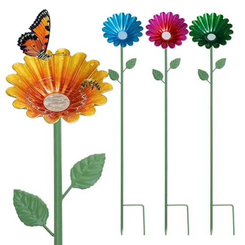 Colourful Metal Bee Bathing Stations with 4 Bee Cups - Garden Bee Watering Station & Butterfly Feeder Decorative Outdoor Stakes for Yard Decor for Nature Lovers 4 Pack
