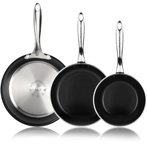 MAGEFESA Prisma - Set 3 Sartenes Negras 20+24+28cm, Acero Inoxidable 18/10, Antiadherente Tricapa, Libre de PFOA/PTFE, Todas las Cocinas, Inducción