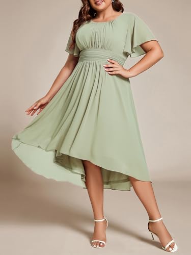 Image of Ever-Pretty Women's Plus Size Formal Wedding Guest Dresses for Curvy Women A Line Chiffon Midi High Low Cocktail Dress