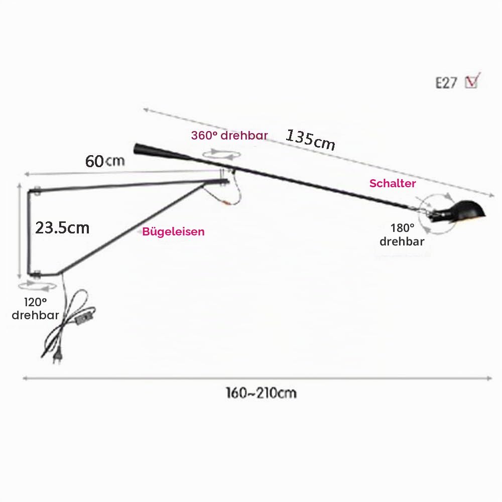 Faltbare Wandleuchte LED lange Arm einstellbare Schalter Kabel Schlafzimmer Studie Nachttischlampe Teleskop wandlichter Leselampe mit Netzschalter wandstrahler E27,Black150x85cm