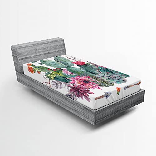 Ambesonne Cactus 2 Pack Fitted Sheet, Bouquet in Boho Style Arrow, Bed Cover All-Round Elastic Deep Pockets 2 Pieces, Package Contains 2 Twin Size Fitted Sheets, Pink Green