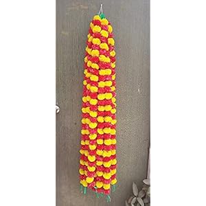 5 PC Yellow-Red Marigold Garland |Indian/American Wedding Mantle Decoration, Faux Marigold Garlands, Housewarming,Diwali Party Decoration, Spring Bush Floral for DIY Backdrops!