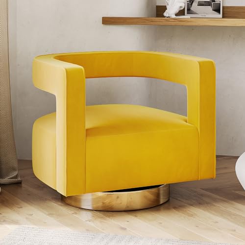 Image of BELLEZE Swivel Barrel Accent Chair, Modern Upholstered Arm Comfy Velvet Curved Back Round Chair with Gold Base Wood Frame, 360 Degree for Living Room Bedroom Office,Yellow
