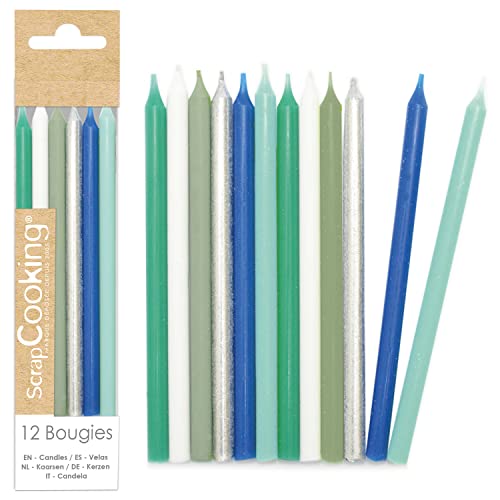 ScrapCooking - 12 Bougies Longues Bleues Vertes & Argent - Bougies Argentées Bleu Vert Blanc pour...
