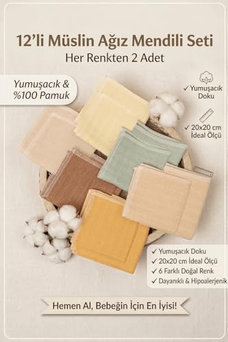 Luckka 12'li Müslin Ağız Mendili, Ter Bezi Çift Kat Dikimli - ZT0011 12'li - Görsel 1