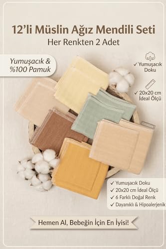 Luckka 12'li Müslin Ağız Mendili, Ter Bezi Çift Kat Dikimli - ZT0011 12'li