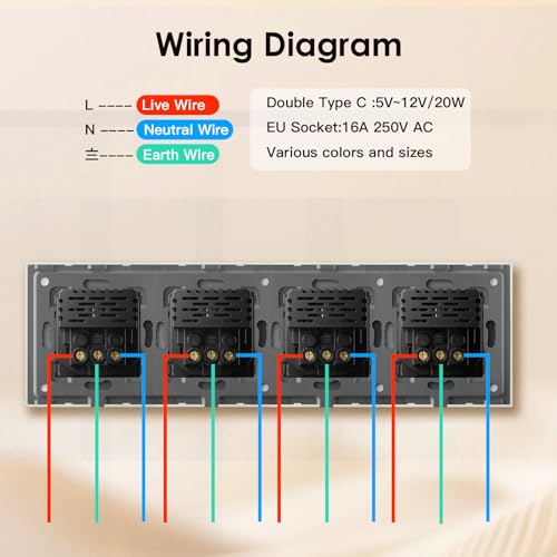 BSEED Schuko Steckdose mit Type C 20W Schnellladeger&auml;t, Typ C + Typ C Steckdose Unterputz, 4 Fach EU-Standard Wandsteckdose mit Glas Platte, 299mm, Gold