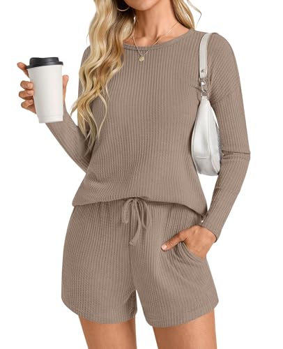 Image of Anydoll Womens Pajama Sets Waffle Knit Lounge Sets Long Sleeve Top and Shorts 2 Piece Loungewear with Pockets