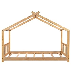 Merax Twin Size Wood House Bed with Roof Headboard and Footboard No Box Spring Needed Natural