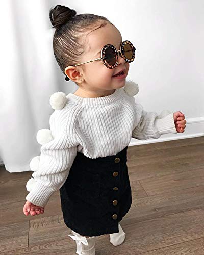 Toddler Baby Girls Fall Winter Clothes Pompom Knitted Sweater + Button Skirt Dress Outfit Set (White, 1-2T)