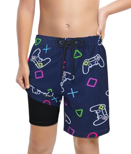 Image of Boys Swim Trunks with Boxer Brief Liner Compression Anti Chafe Swimming Shorts Stretchy UPF Quick Dry Swimsuit