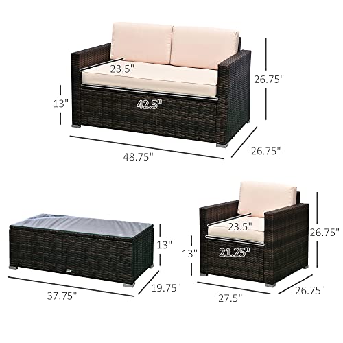 Outsunny 4 Piece Wicker Patio Furniture Set With Cushions, Outdoor Sectional Furniture With 2 Sofa, Loveseat, And Glass Top Coffee Table, Conversation Sofa Sets For Garden, Beige #TOP2