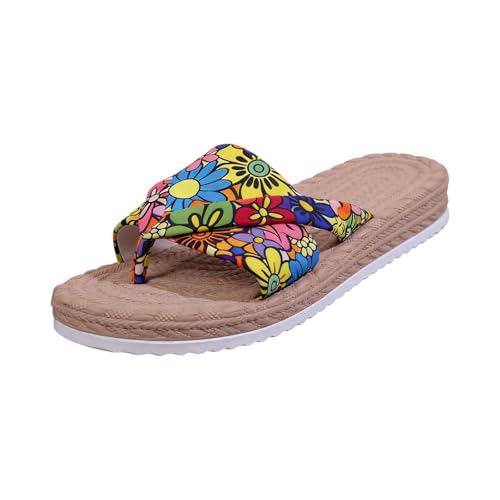 SCBFDI Sandals for Women Leather Sandalias de Tira Ancha de Tela - Suela Plana, Diseño Casual para Verano, Ideales para Paseos y Uso Diario Sandalias Color Bronce Amarillo 36