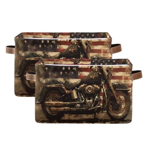 Image of Kigai Motorcycle Flag Storage Basket with Handles Waterproof Collapsible Storage Bin Canvas Fabric Basket Decorative Box Closet Organizer for Nursery Bedroom Office