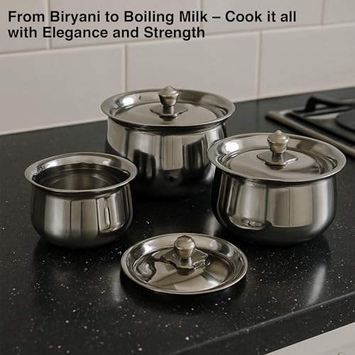 Image of Expresso Stainless Steel Handi Set with Lid for Serving, Cooking Bowl, Biryani Handi Set of 3 Pieces | Heavy Gauge Induction Friendly Kitchen, Patila Hot Pot Degchi 800 /1350 /2100ml Model - KIA