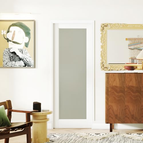 Image of 24 inch x 80 inch Sliding Pocket Door Kit, 1 Lite Frosted Glass Pantry Door with Panel and Frame, Interior & Closet Single Finished Door Slab, Interior Sliding Doors, White Primed