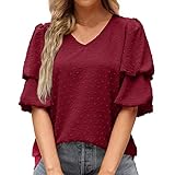 Damen Tshirt Top Damen Weihnachtsoberteil Damen Sexy Damen-Blusen mit doppelten Puffärmeln, Sommer, halbe Ärmel, Punkte, V-Ausschnitt, T-Shirts, lässiges T-Shirt Shirt Pailletten Damen