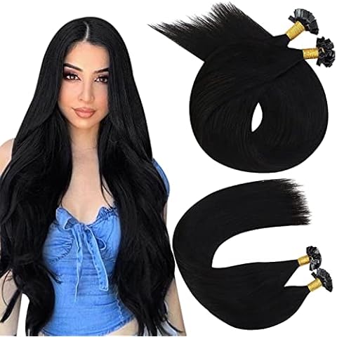Ugeat Bonding Extensions Echthaar Keratin Schwarz 40cm Flat Tip Extensions Echte Haarverlängerung Bonding 1g/Strähnen Farbe 1B Brasilianische Haare Keratin Bonding 50Strähnen Cover