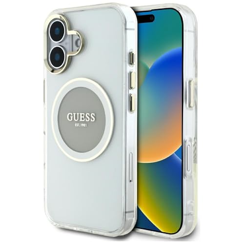 CG Mobile Guess IML Metal Colored Circle Logo Classic Compatible avec MagSafe pour iPhone 16 (Gris)