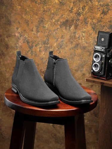 Image of Men's Stylish Vegan Leather Chelsea Boots with Side Zipper & Elastic Panel, Square Toe Ankle Boot (Tan /Black /Brown)