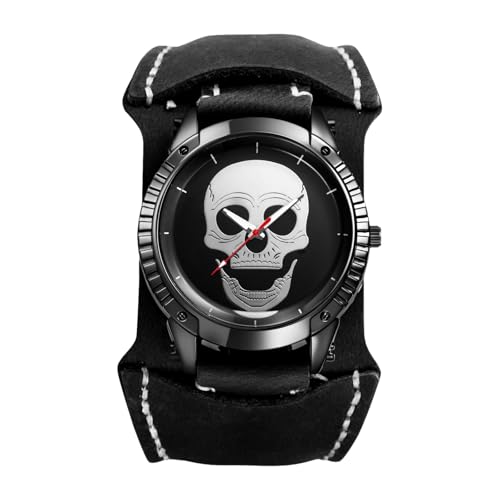 JewelryWe Herrenuhr Totenkopf Uhren mit Lederarmband: Halloween Steampunk Schädel Analog Quarz Armbanduhr Herren Großes Zifferblatt Dual-Use Uhr mit Schwarz Abnehmbarem Breit Echtleder Leder Armband