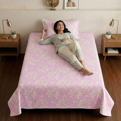 Image of Mafatlal 186 TC Metro Cotton Single Bedsheet | 90 x 60 Inch | Premium Lightweight Fabric with Pillow Cover | Modern Bedding Set | Mauve Pink