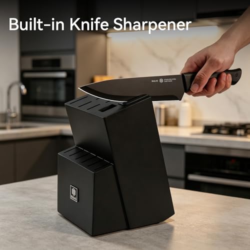 Image of 15-Piece Kitchen Knife Set with Block and Built-In Sharpener, Black