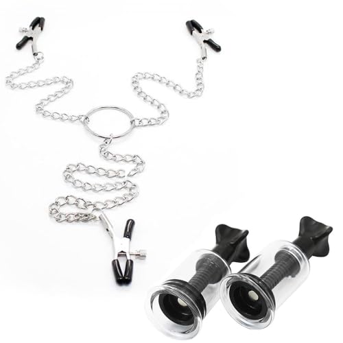 BDSMAGE 2 stk Nippelsauger + Nippelklemmen Kette mit Klitoris Klemmen,BDSM Sexspielzeug Brust Stimulation Set für Damen,Brustwarzensauger Klitoris Sauger Brustpumpe Nippelclip Für Frauen