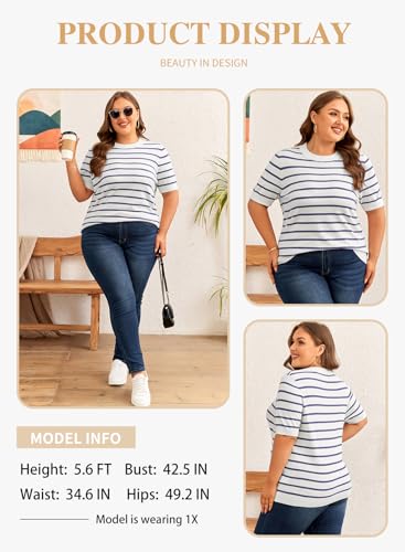 Image of Eytino Women Plus Size Sweater Tops Short Sleeve Crewneck Striped Tshirts Casual Summer Blouses Shirts(1X-5X)